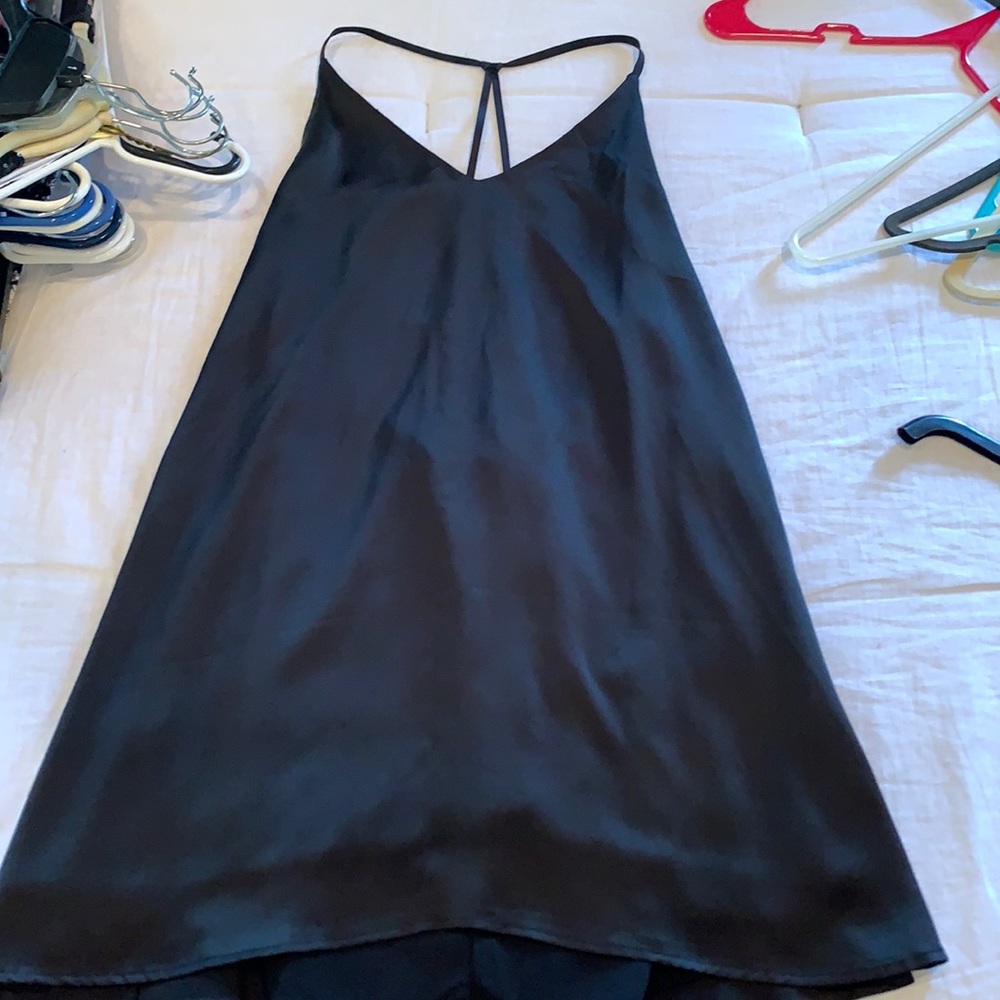 Black satin cocktail dress with back out